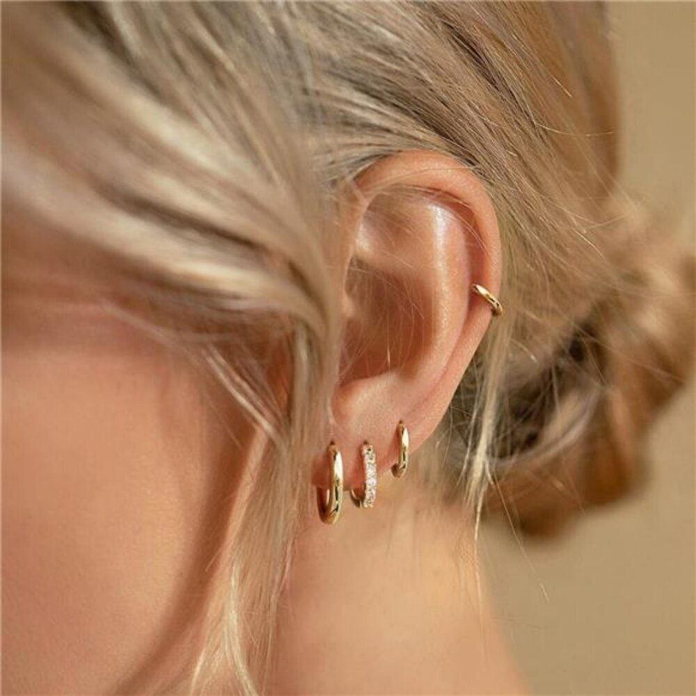 Small gold huggie hoop earrings set hypoallergenic 14k gold plated cartilage - Picture 2 of 7